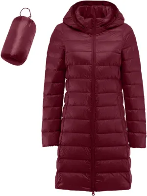 Bourund Women's Packable Warm Waterproof Puffer Jacket Hooded Windproof Winter Long Coat Lightweight Down Jackets Outerwear