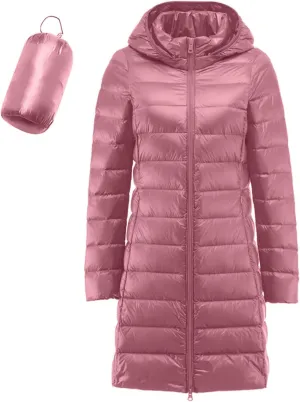 Bourund Women's Packable Warm Waterproof Puffer Jacket Hooded Windproof Winter Long Coat Lightweight Down Jackets Outerwear