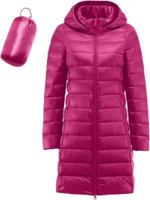 Bourund Women's Packable Warm Waterproof Puffer Jacket Hooded Windproof Winter Long Coat Lightweight Down Jackets Outerwear