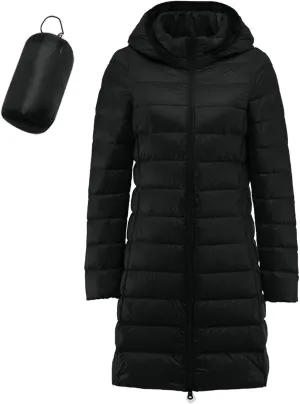 Bourund Women's Packable Warm Waterproof Puffer Jacket Hooded Windproof Winter Long Coat Lightweight Down Jackets Outerwear