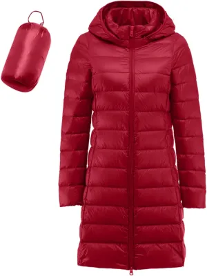 Bourund Women's Packable Warm Waterproof Puffer Jacket Hooded Windproof Winter Long Coat Lightweight Down Jackets Outerwear