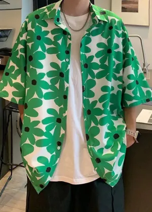 Boutique Green Peter Pan Collar Print Men Hawaiian Shirts Summer HG020