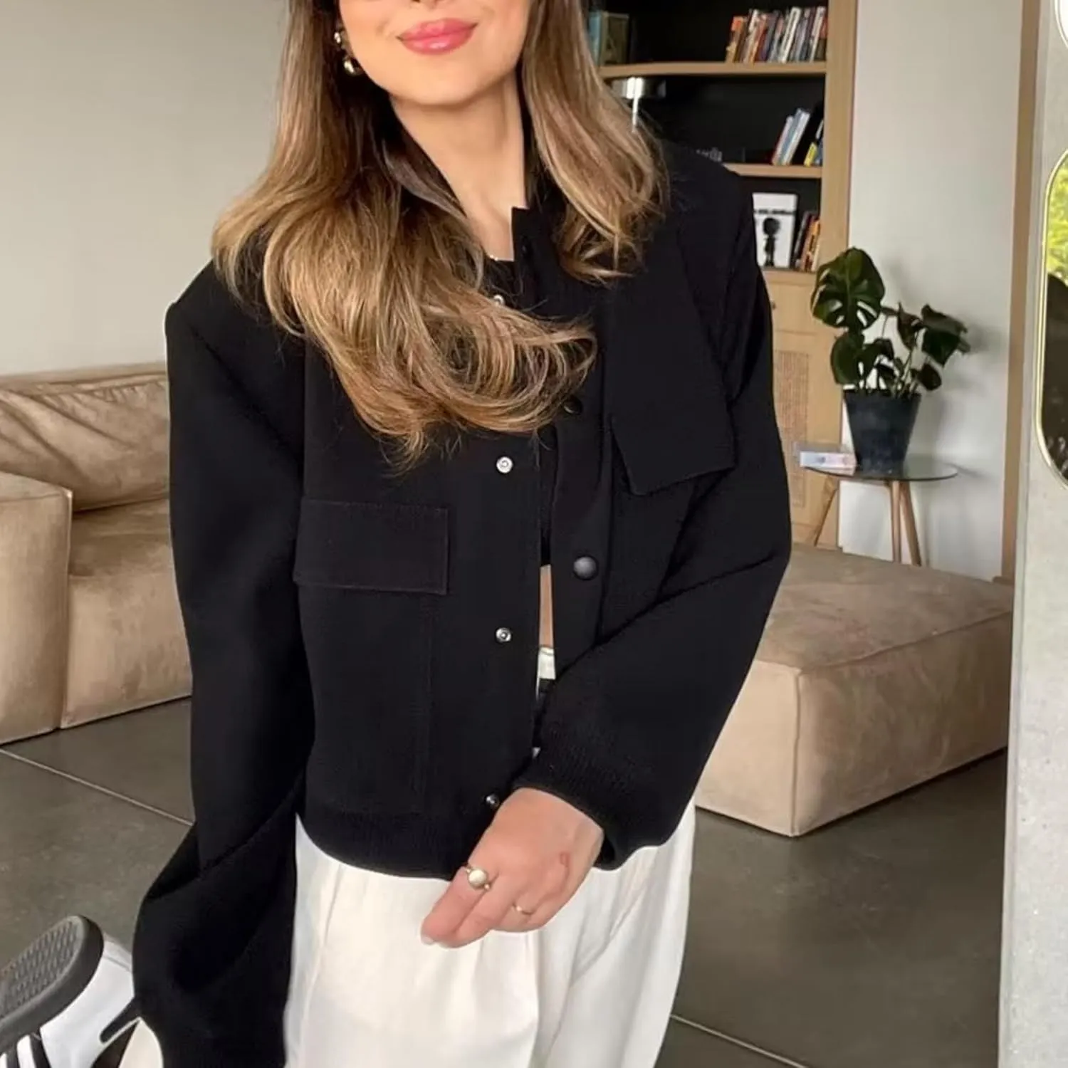 Bozanly Women's Stand Collar Button Down Cropped Shacket Jacket Solid Color Varsity Bomber Jackets 2025
