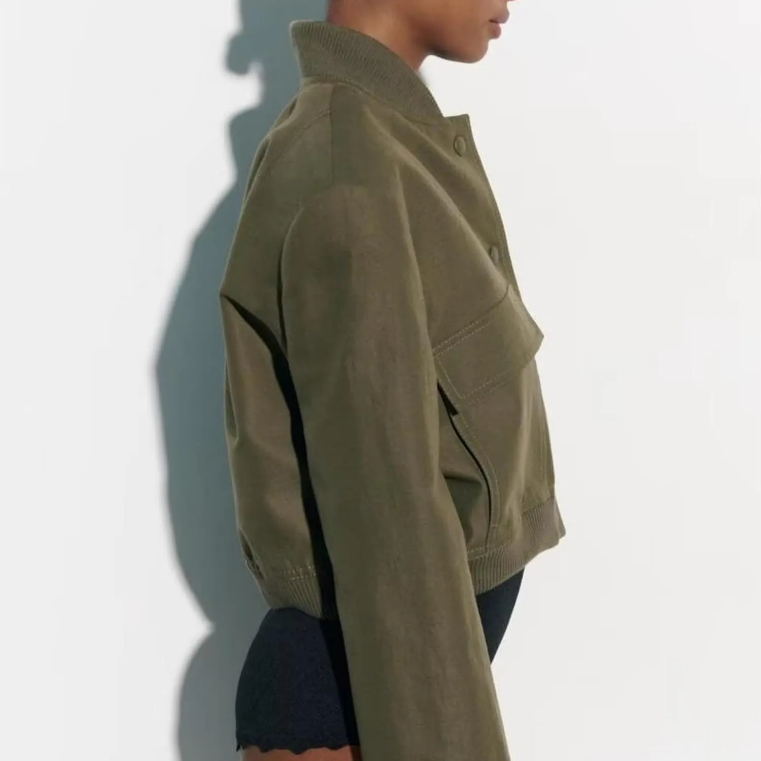 Bozanly Women's Stand Collar Button Down Cropped Shacket Jacket Solid Color Varsity Bomber Jackets 2025