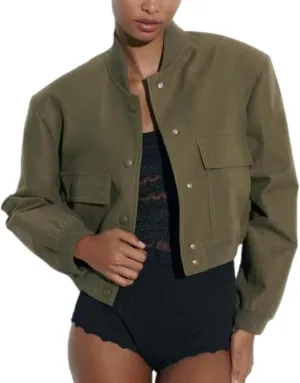 Bozanly Women's Stand Collar Button Down Cropped Shacket Jacket Solid Color Varsity Bomber Jackets 2025