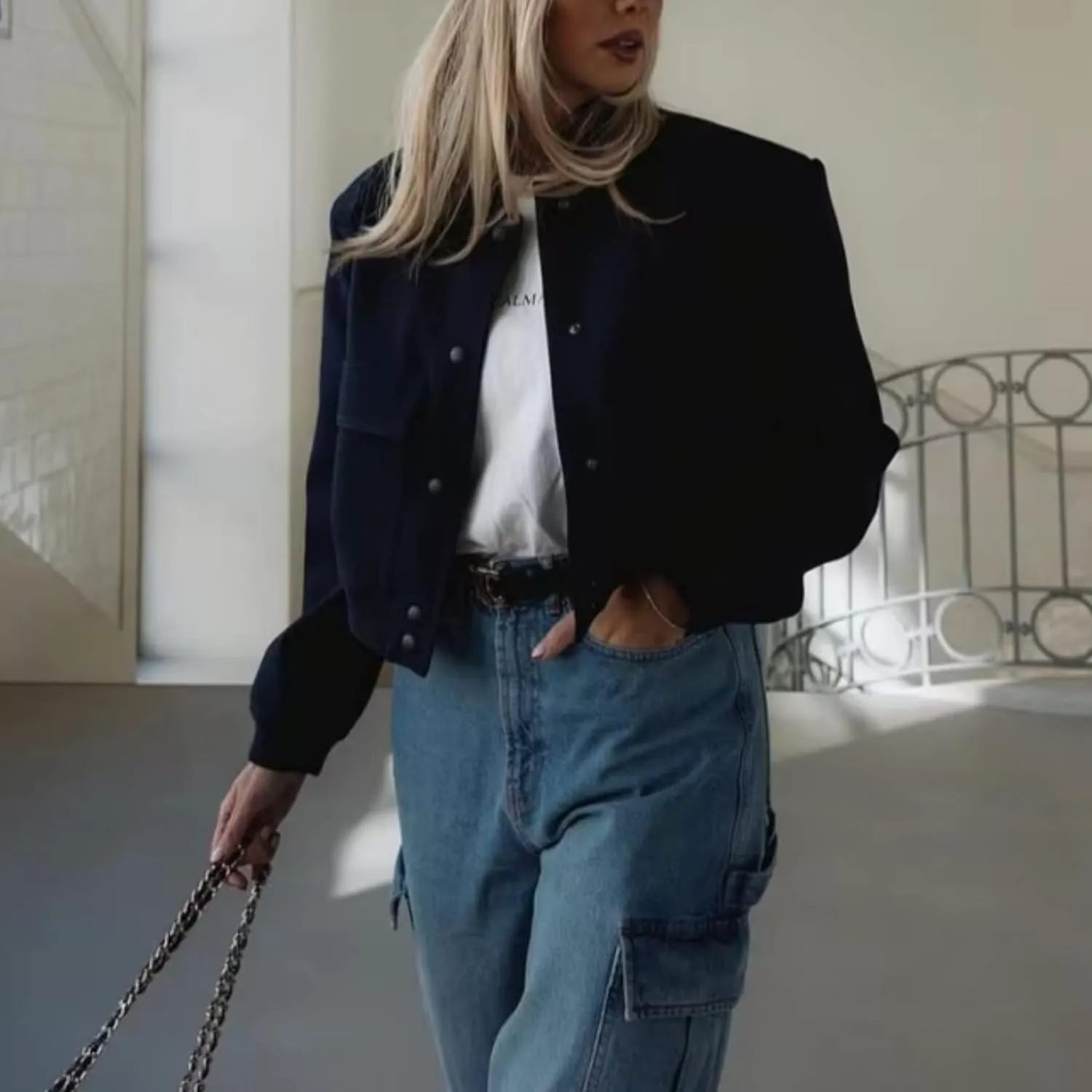 Bozanly Women's Stand Collar Button Down Cropped Shacket Jacket Solid Color Varsity Bomber Jackets 2025