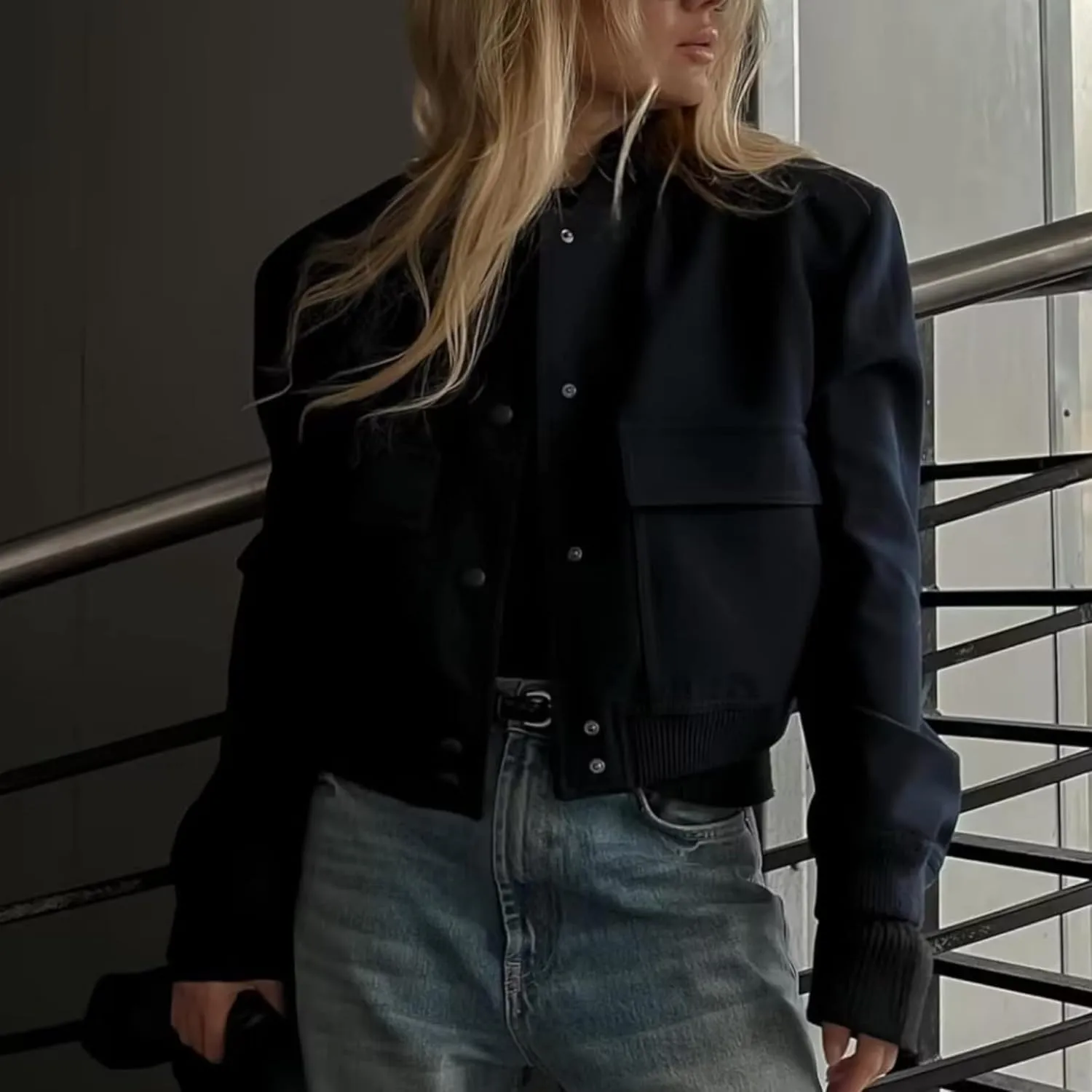 Bozanly Women's Stand Collar Button Down Cropped Shacket Jacket Solid Color Varsity Bomber Jackets 2025