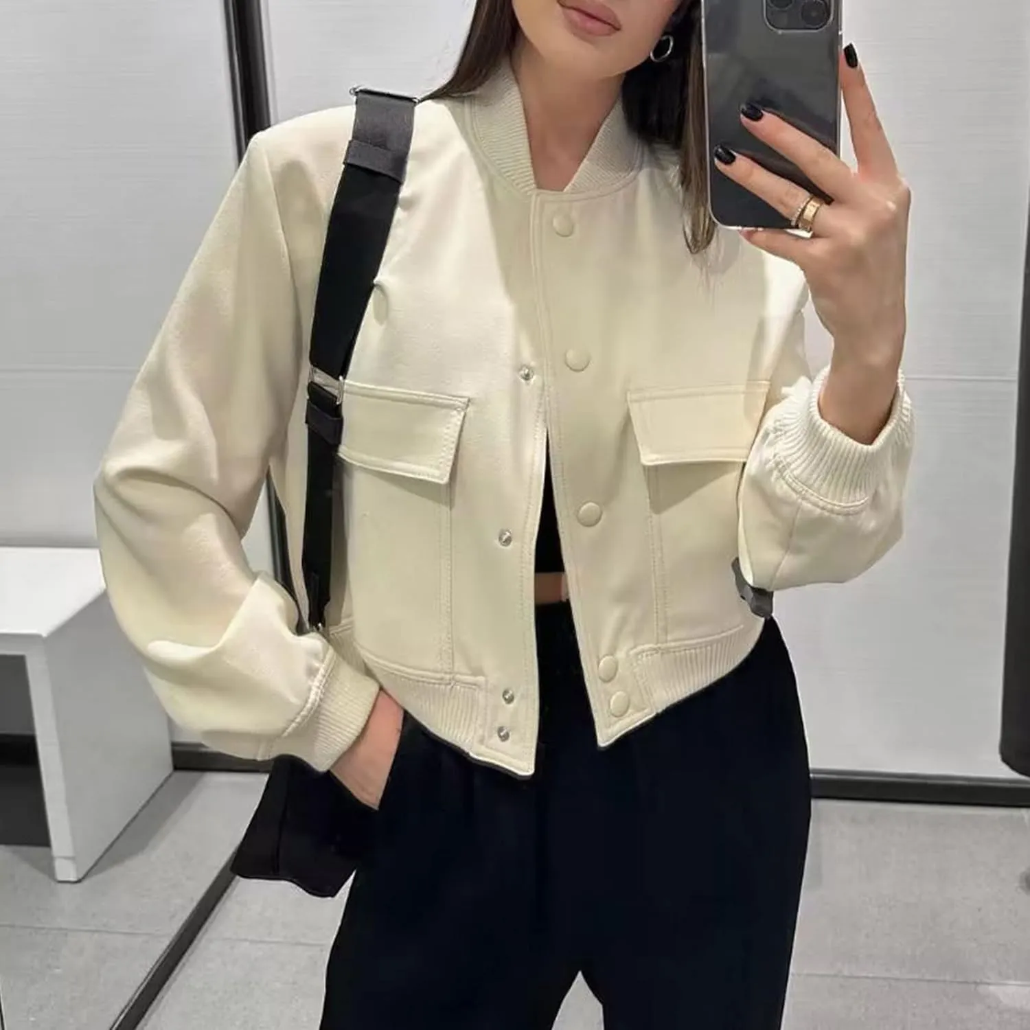 Bozanly Women's Stand Collar Button Down Cropped Shacket Jacket Solid Color Varsity Bomber Jackets 2025