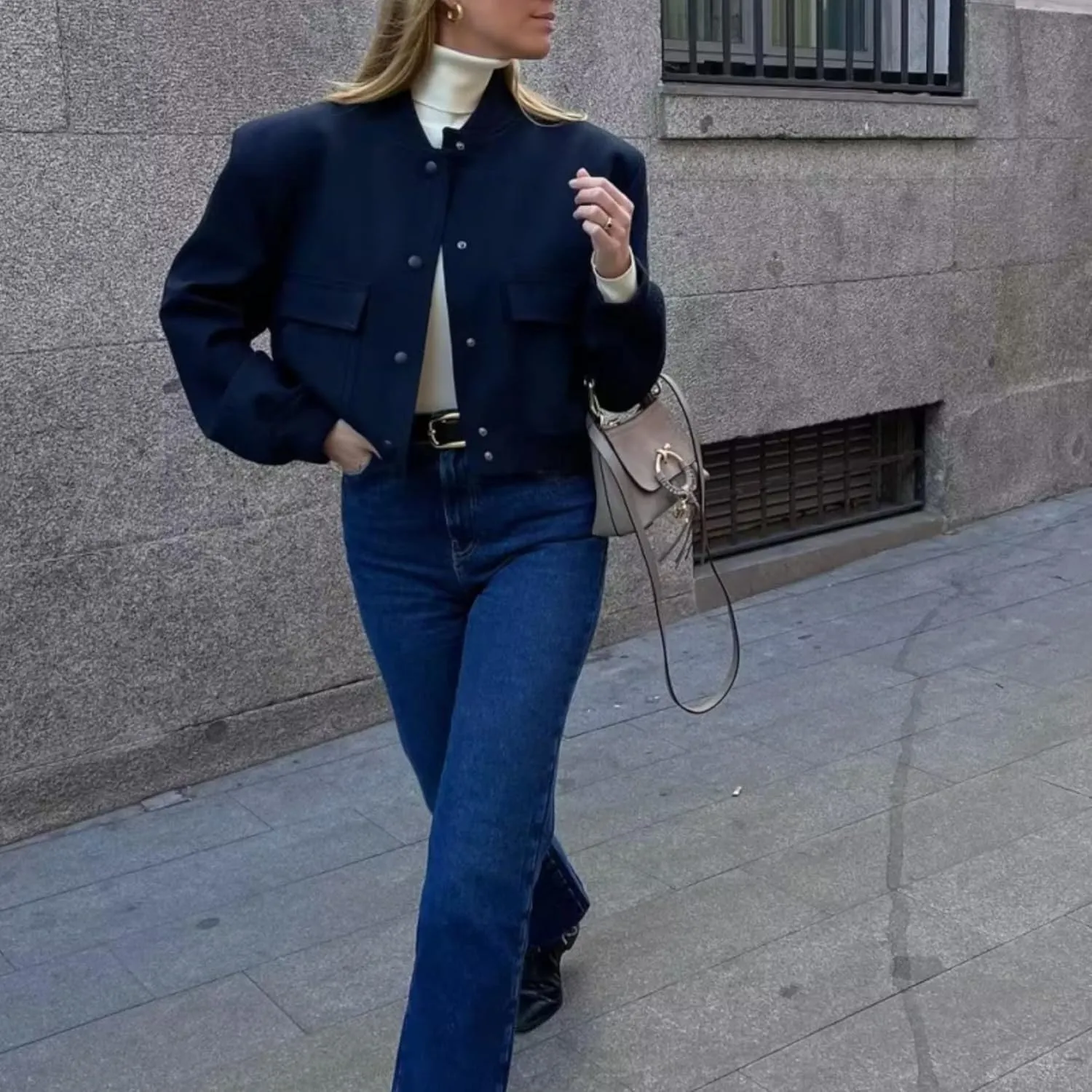 Bozanly Women's Stand Collar Button Down Cropped Shacket Jacket Solid Color Varsity Bomber Jackets 2025