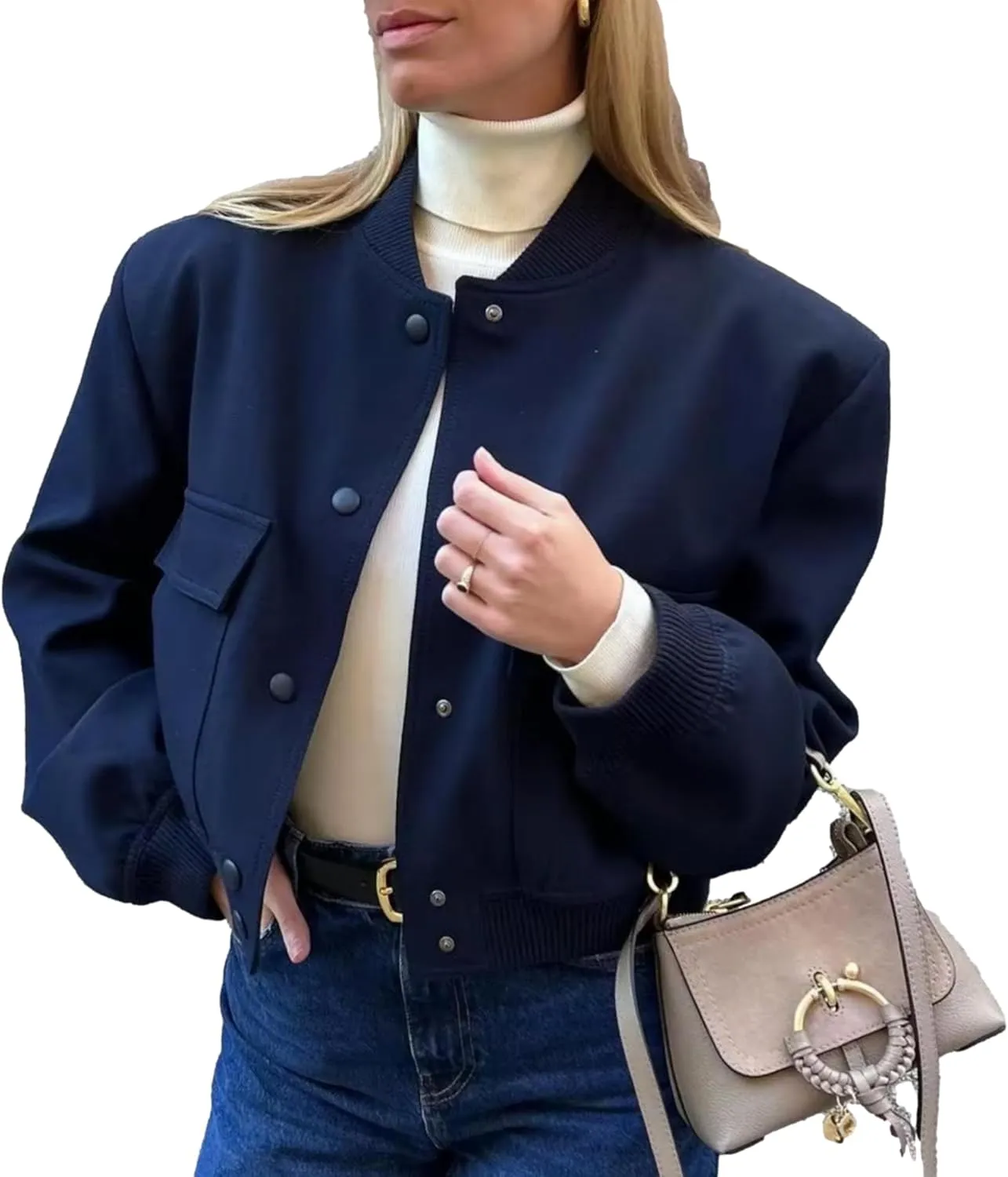 Bozanly Women's Stand Collar Button Down Cropped Shacket Jacket Solid Color Varsity Bomber Jackets 2025