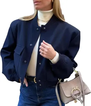 Bozanly Women's Stand Collar Button Down Cropped Shacket Jacket Solid Color Varsity Bomber Jackets 2025