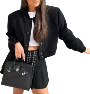 Bozanly Women's Stand Collar Button Down Cropped Shacket Jacket Solid Color Varsity Bomber Jackets 2025