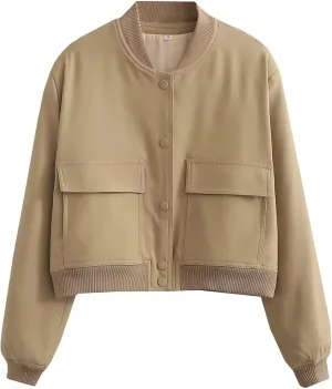 Bozanly Women's Stand Collar Button Down Cropped Shacket Jacket Solid Color Varsity Bomber Jackets 2025