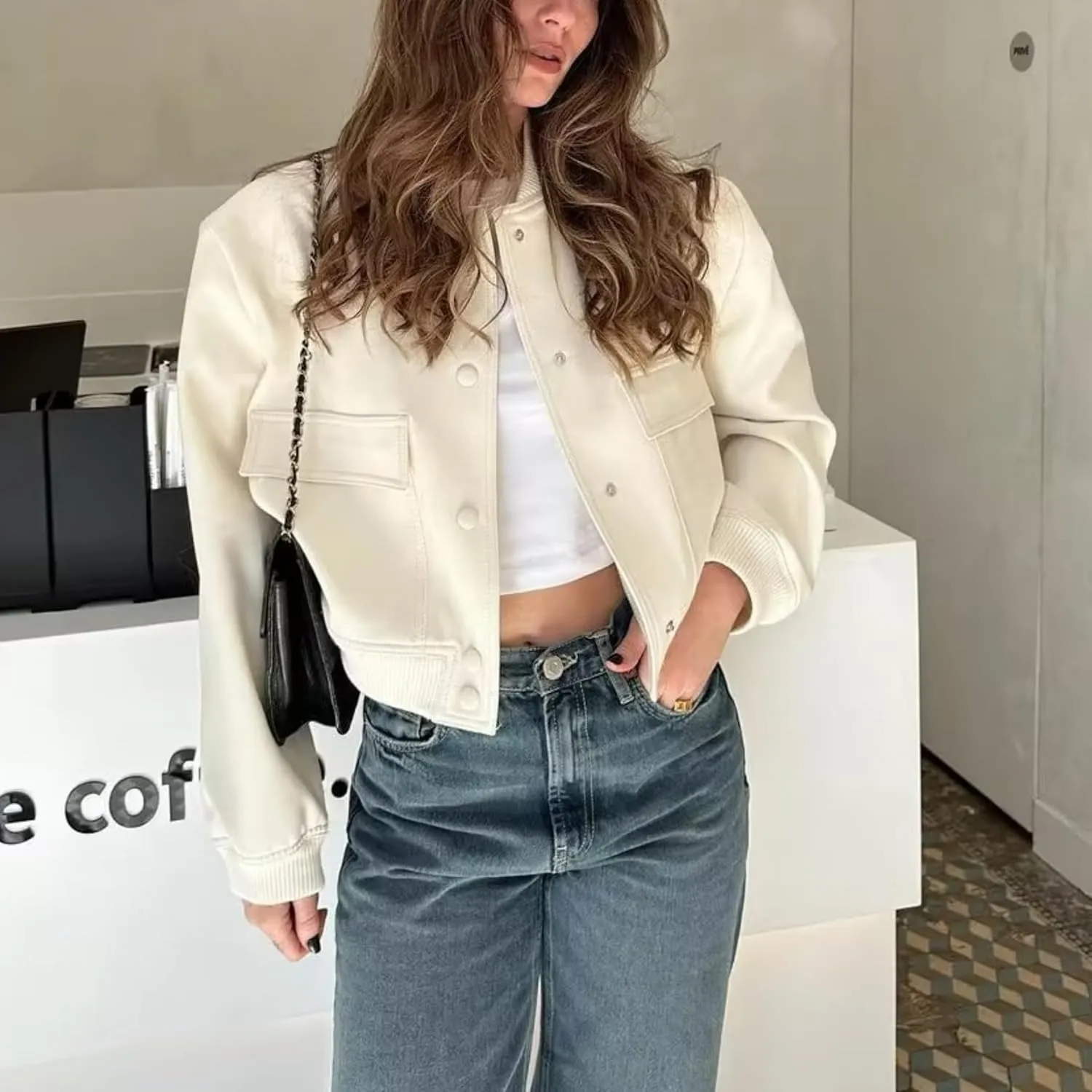 Bozanly Women's Stand Collar Button Down Cropped Shacket Jacket Solid Color Varsity Bomber Jackets 2025