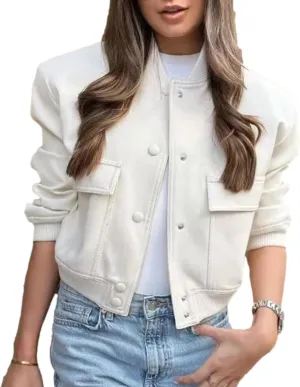 Bozanly Women's Stand Collar Button Down Cropped Shacket Jacket Solid Color Varsity Bomber Jackets 2025