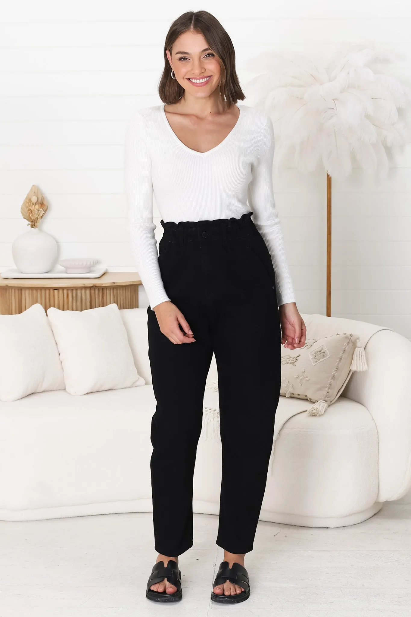 Brizzie Jeans - Paper Bag High Waist Straight Leg Jeans in Black