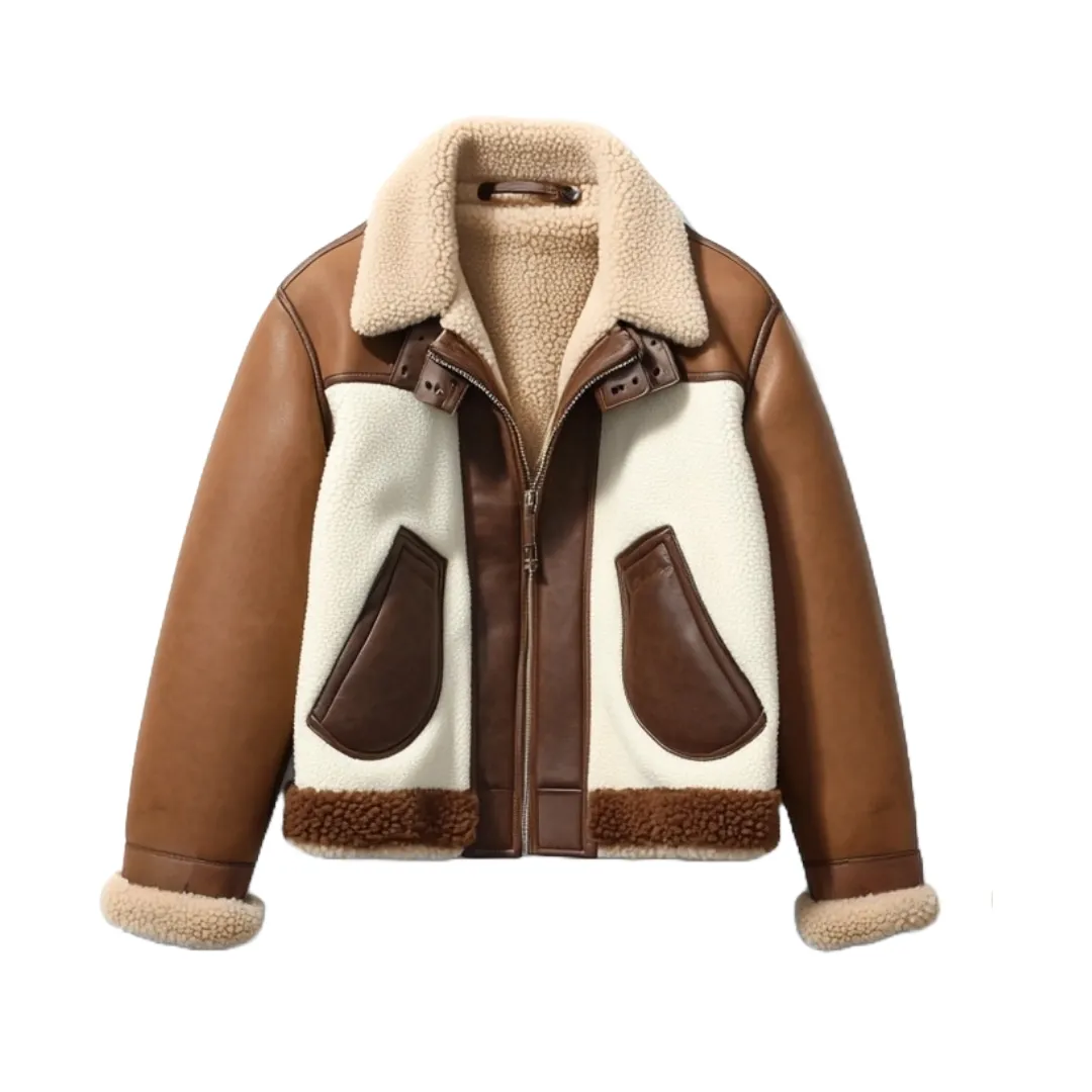 Brown and White Aviator Jacket – Stylish Shearling Leather Outerwear | El Zoro