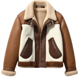 Brown and White Aviator Jacket – Stylish Shearling Leather Outerwear | El Zoro