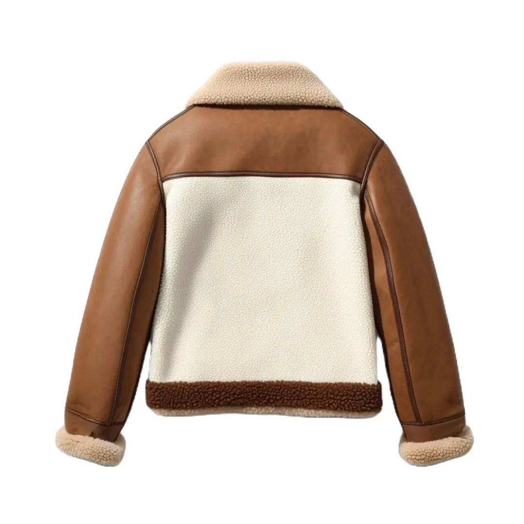 Brown and White Aviator Jacket – Stylish Shearling Leather Outerwear | El Zoro