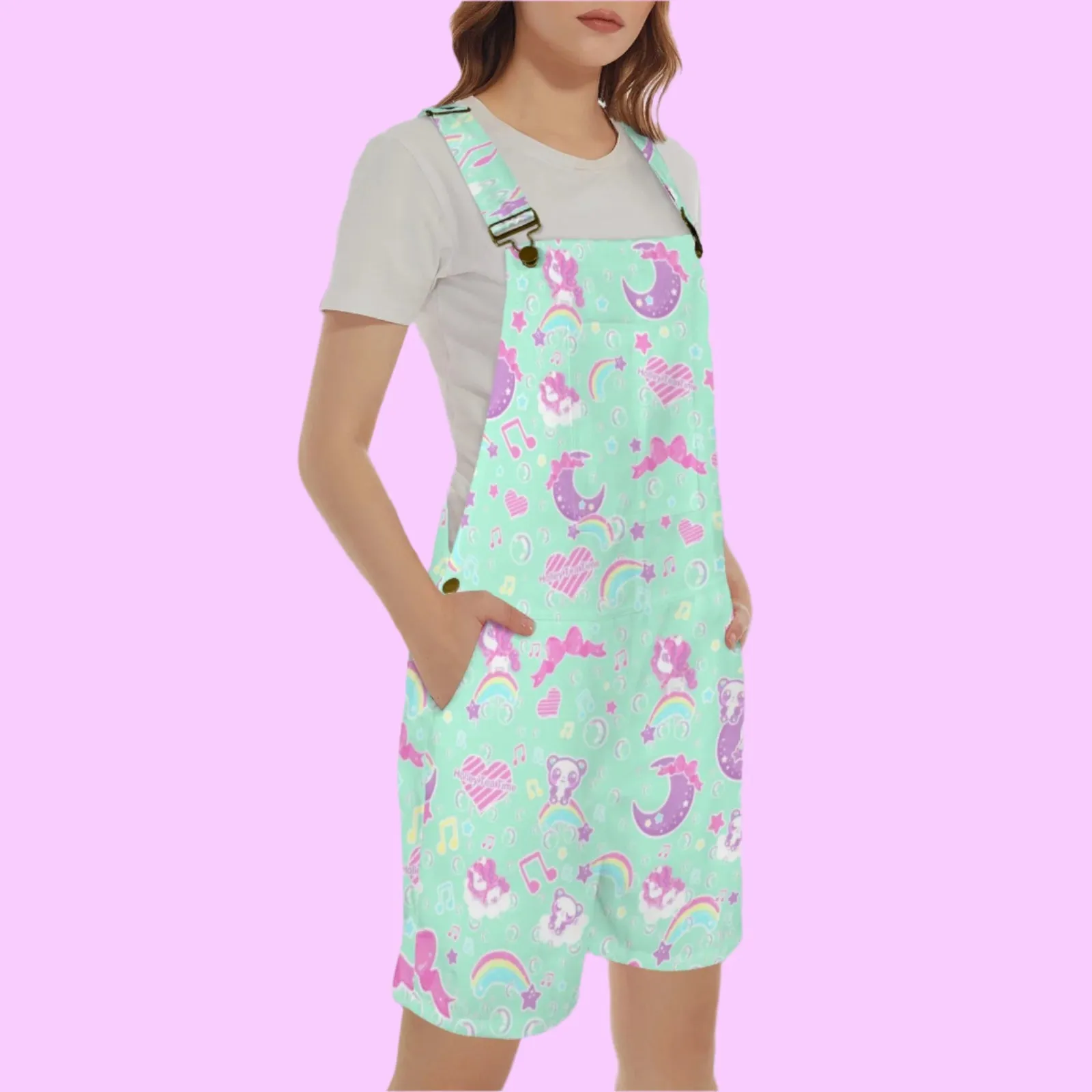 Bubbly Dreams Mint Unisex Shorts Overalls With Adjustable Straps And Pockets