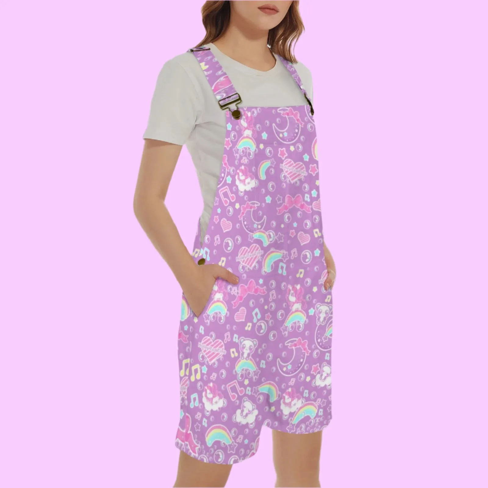Bubbly Dreams Purple Unisex Shorts Overalls With Adjustable Straps And Pockets