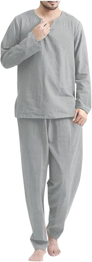 Burband Mens Casual 2 Pieces Loose Outfit Sets Cotton Linen Hippie Long Sleeve V Neck Beach Yoga Tops and Lounge Pants