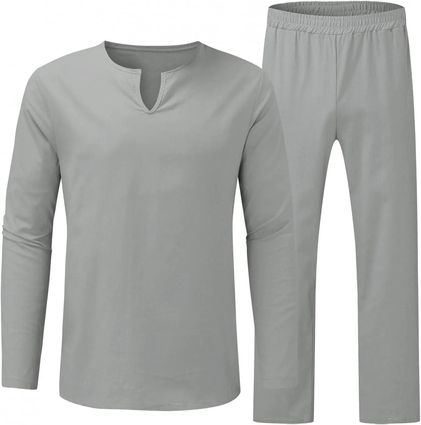 Burband Mens Casual 2 Pieces Loose Outfit Sets Cotton Linen Hippie Long Sleeve V Neck Beach Yoga Tops and Lounge Pants