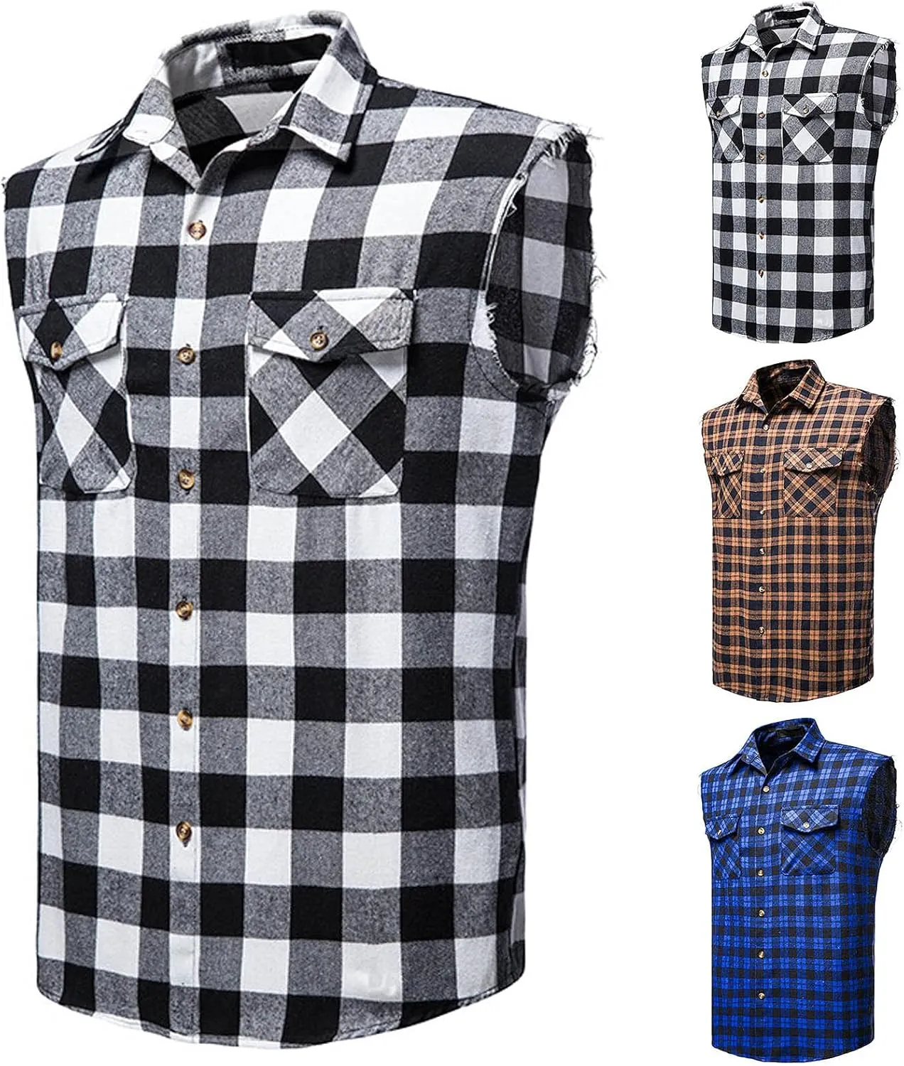 Burband Men's Muscle Cut Off Shirts Slim Fit Button Down Vests Vintage Cowboy Plaid Sleeveless Tops Flannel Shirts