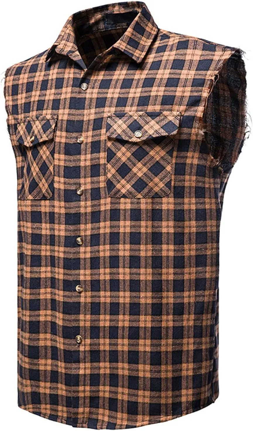 Burband Men's Muscle Cut Off Shirts Slim Fit Button Down Vests Vintage Cowboy Plaid Sleeveless Tops Flannel Shirts