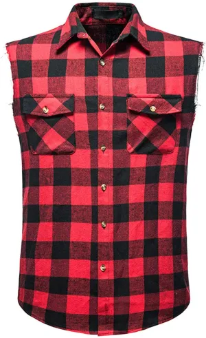Burband Men's Muscle Cut Off Shirts Slim Fit Button Down Vests Vintage Cowboy Plaid Sleeveless Tops Flannel Shirts