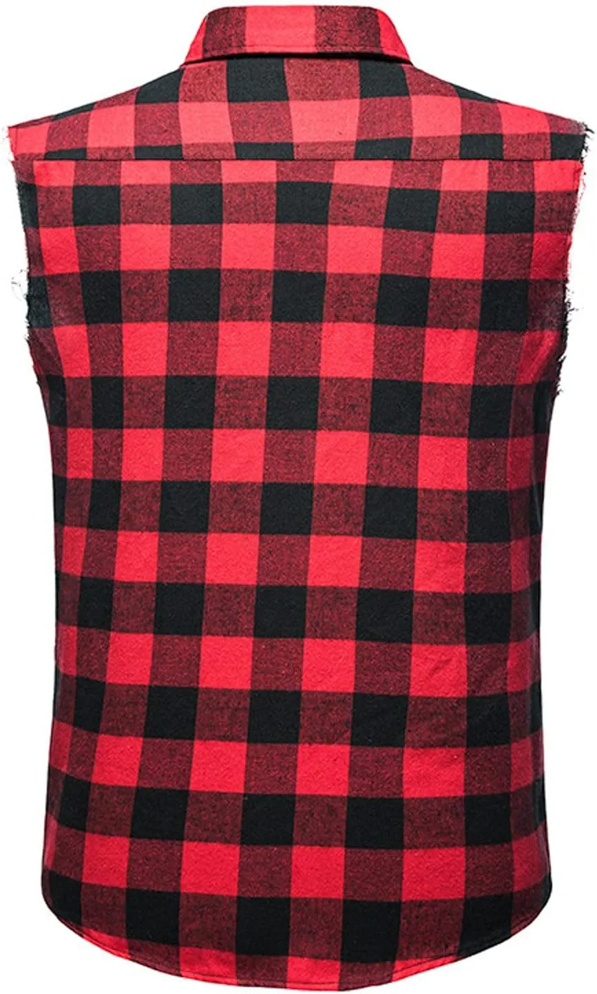 Burband Men's Muscle Cut Off Shirts Slim Fit Button Down Vests Vintage Cowboy Plaid Sleeveless Tops Flannel Shirts