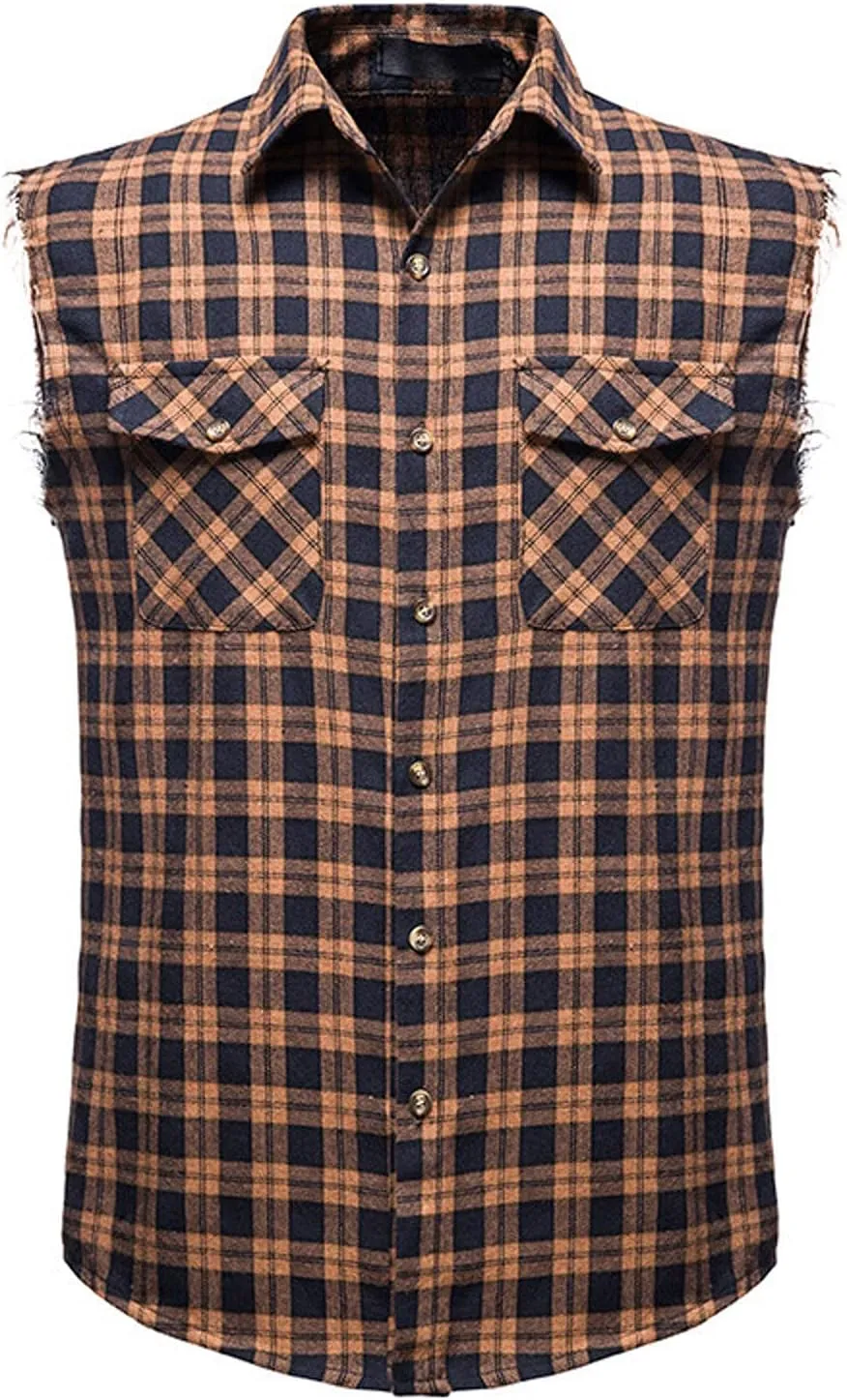 Burband Men's Muscle Cut Off Shirts Slim Fit Button Down Vests Vintage Cowboy Plaid Sleeveless Tops Flannel Shirts