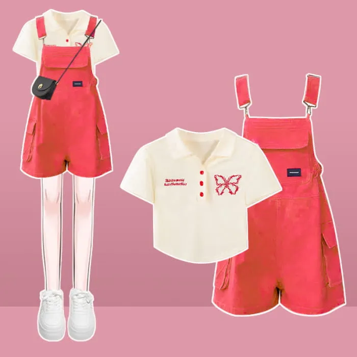 Butterfly Lertter Embroidery Lapel Crop Top Denim Overalls