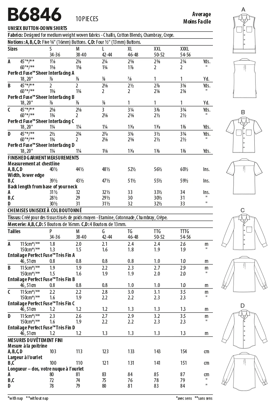 Butterick Pattern B6846 Unisex Button-Down Shirts