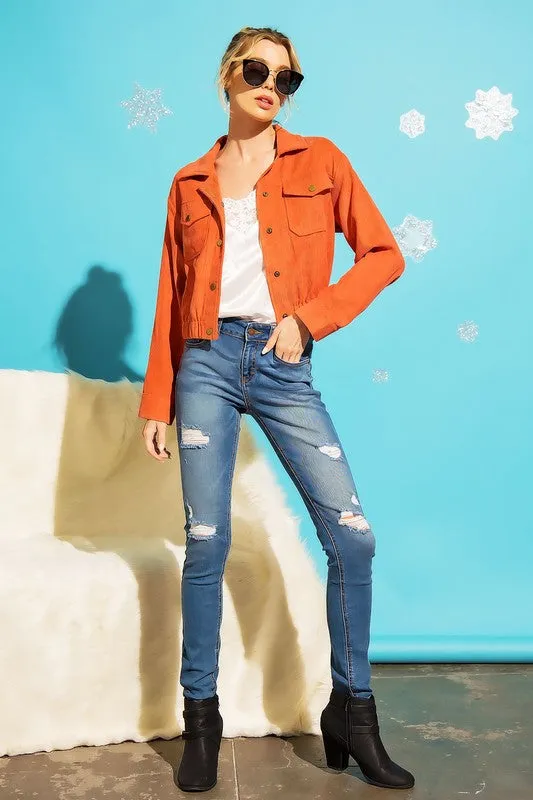 Button Up Corduroy Crop Jacket