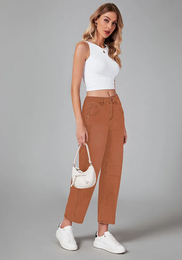 Caramel Women's Cropped Denim High Waisted Jeans Pull On Straight Leg Stretch Barrel Jeans