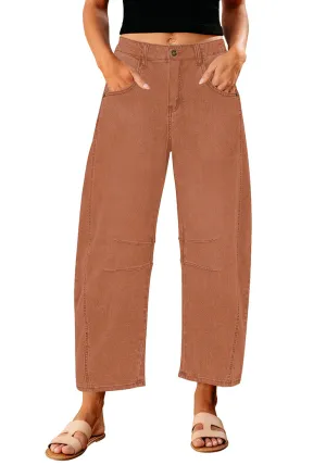 Caramel Women's Cropped Denim High Waisted Jeans Pull On Straight Leg Stretch Barrel Jeans