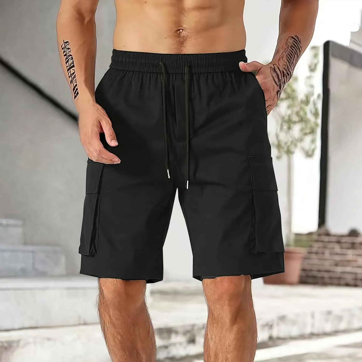 Cargo Shorts Men Drawstring Waist Utility Pocket Shorts for Outdoor Casual Bermudas or Daily Function Wear Golf