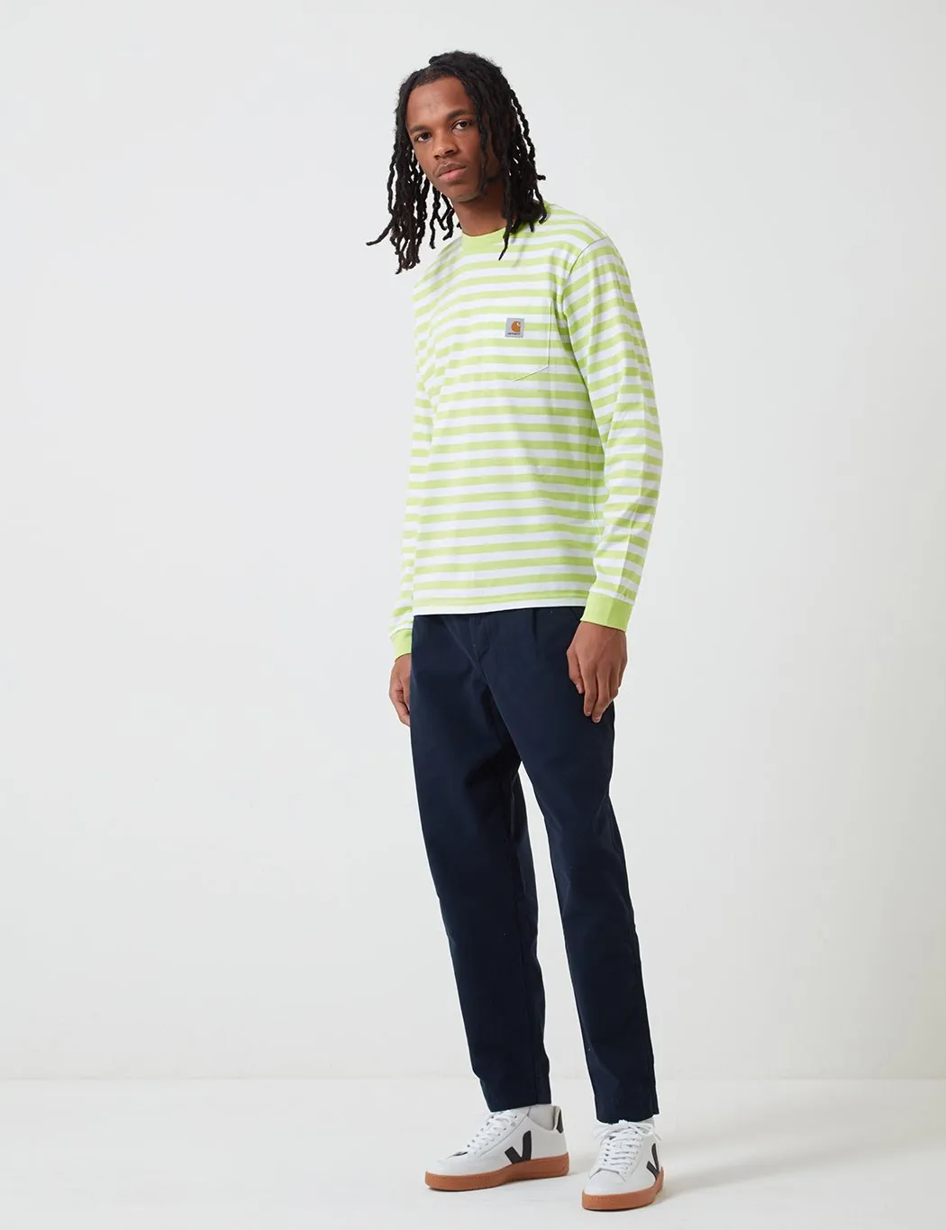 Carhartt-WIP Scotty Long Sleeve Pocket T-Shirt (Stripe) - Lime Green/White