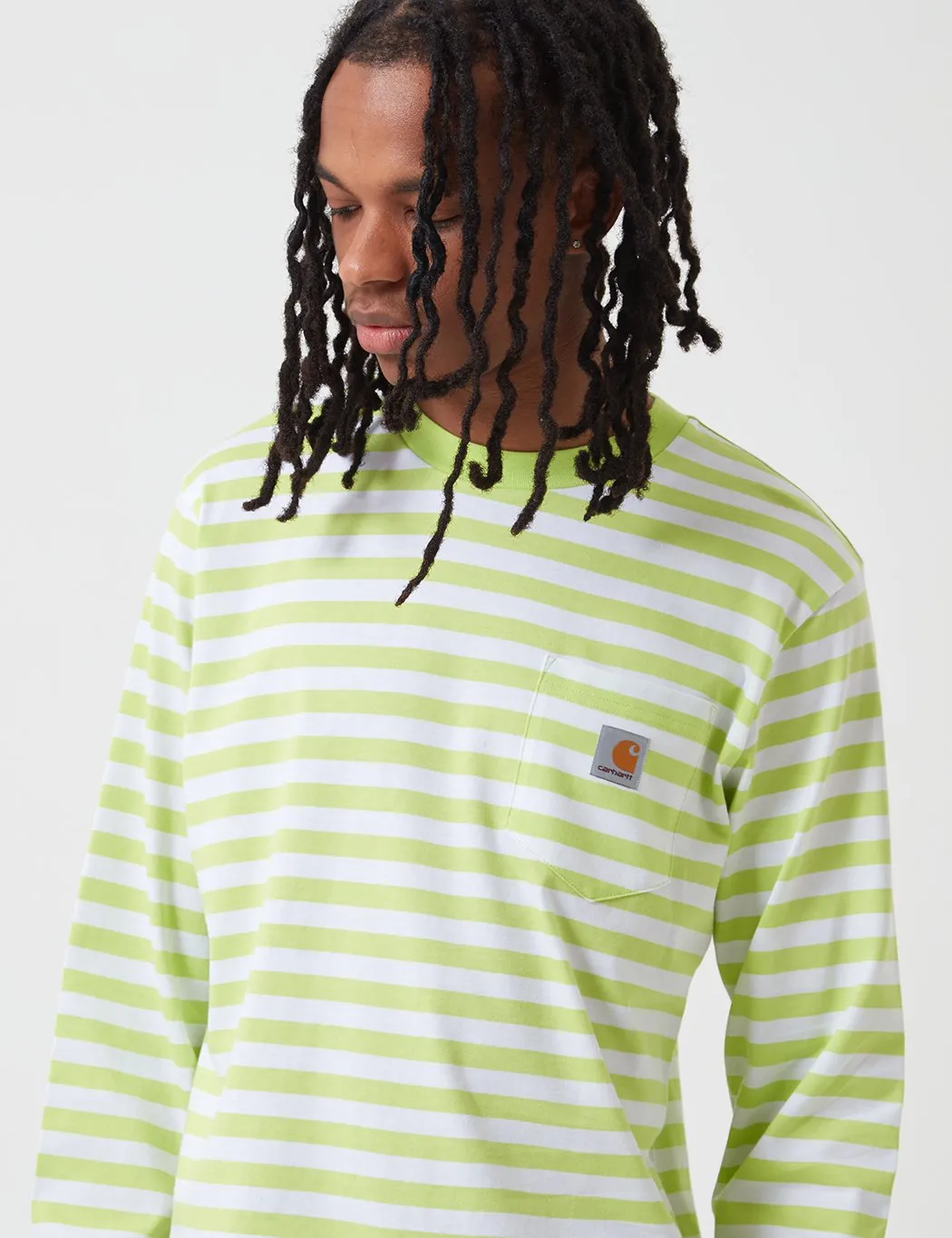 Carhartt-WIP Scotty Long Sleeve Pocket T-Shirt (Stripe) - Lime Green/White