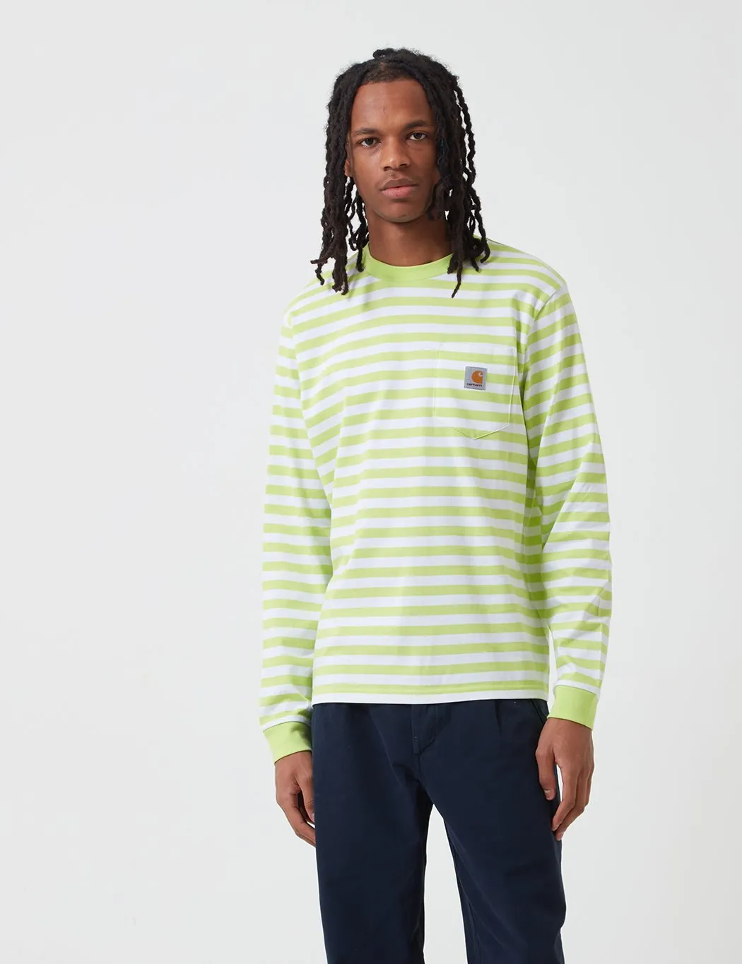 Carhartt-WIP Scotty Long Sleeve Pocket T-Shirt (Stripe) - Lime Green/White