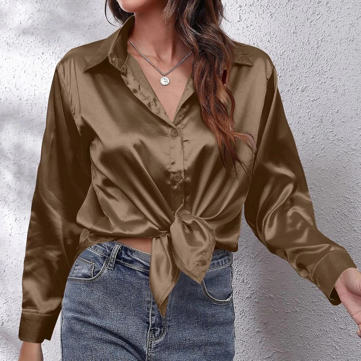 Casaul Button Down Shirts for Women, Womens Satin Silk Lapel Collar T-Shirts Comfy Soft Solid Color Blouses