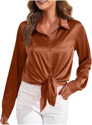 Casaul Button Down Shirts for Women, Womens Satin Silk Lapel Collar T-Shirts Comfy Soft Solid Color Blouses
