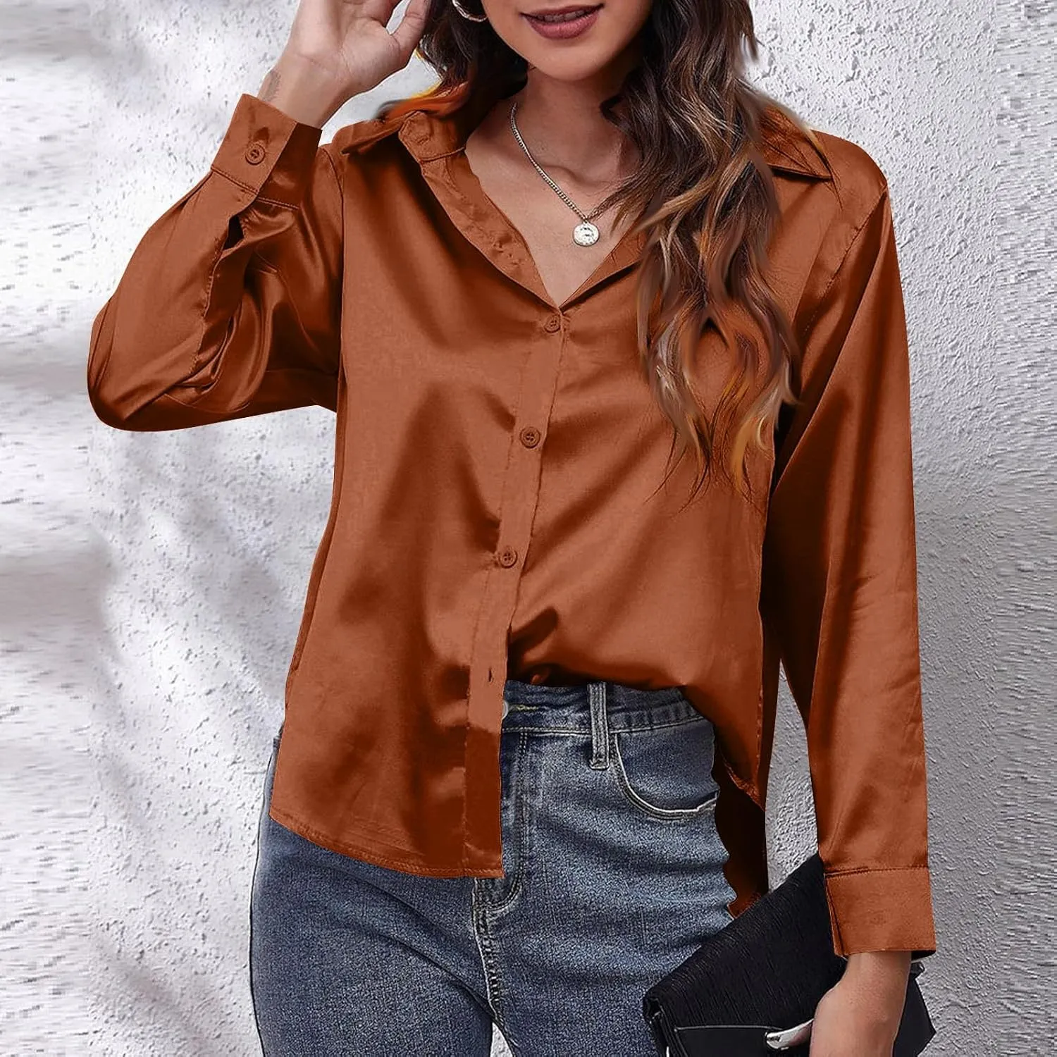 Casaul Button Down Shirts for Women, Womens Satin Silk Lapel Collar T-Shirts Comfy Soft Solid Color Blouses