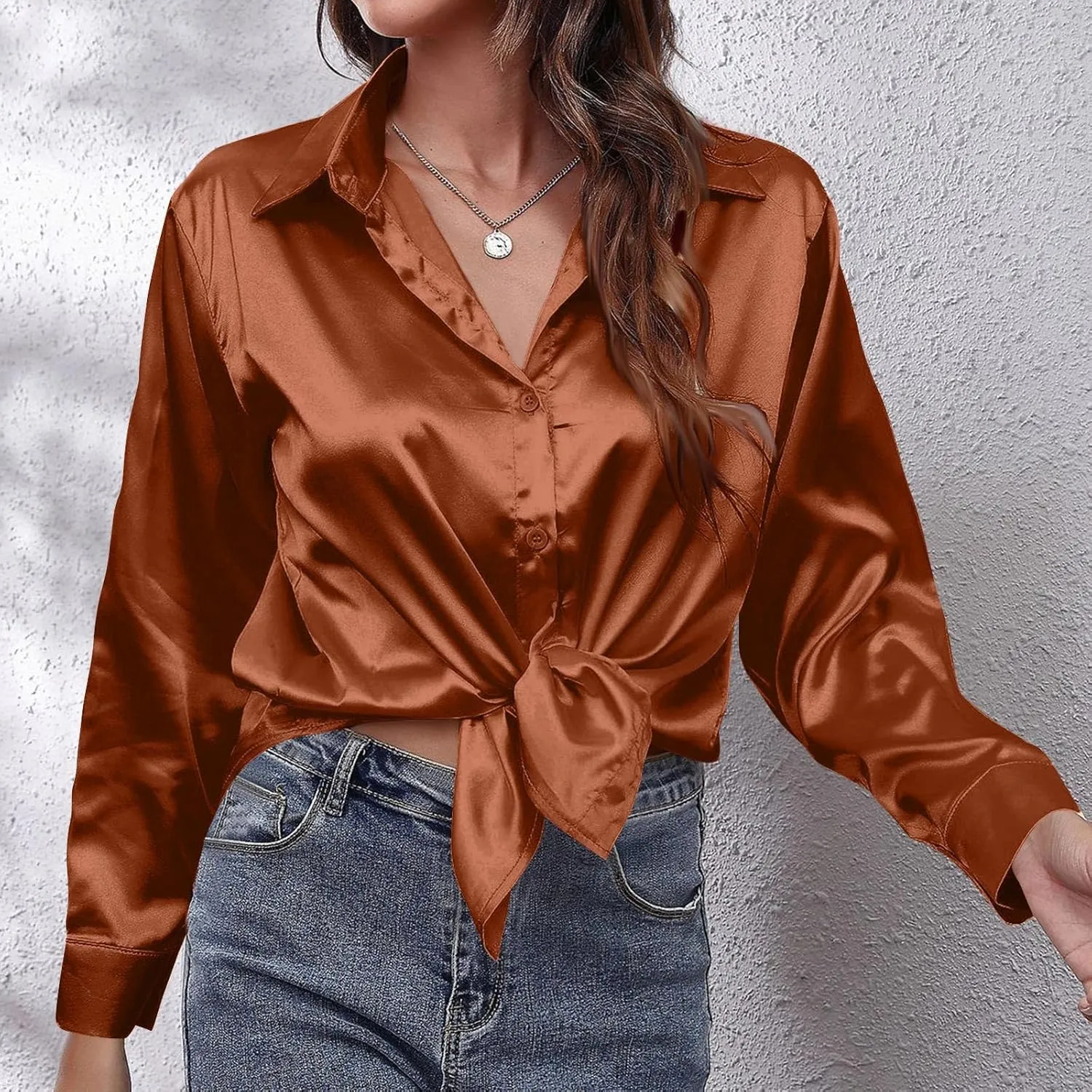 Casaul Button Down Shirts for Women, Womens Satin Silk Lapel Collar T-Shirts Comfy Soft Solid Color Blouses