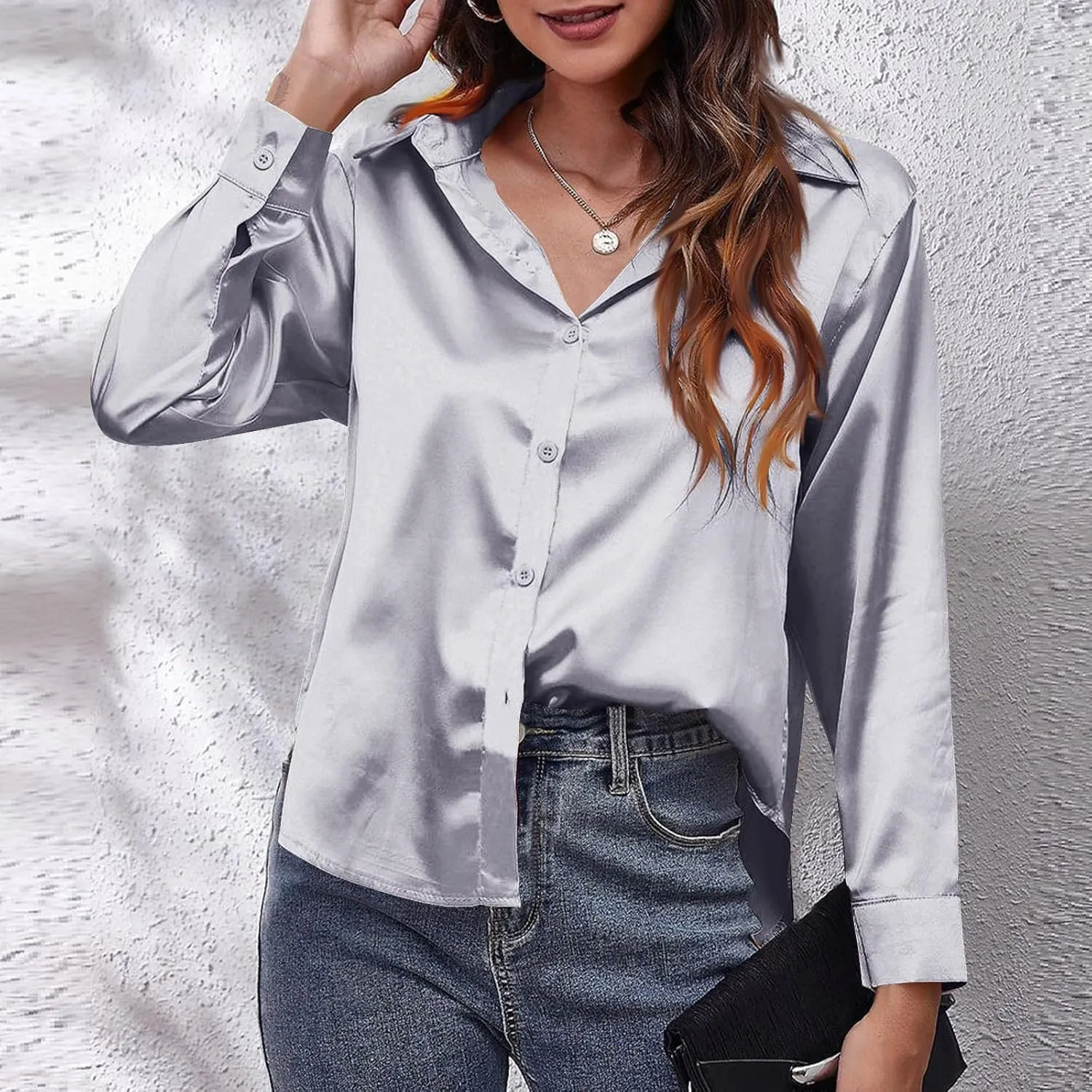 Casaul Button Down Shirts for Women, Womens Satin Silk Lapel Collar T-Shirts Comfy Soft Solid Color Blouses
