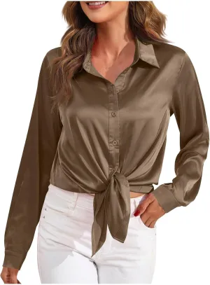 Casaul Button Down Shirts for Women, Womens Satin Silk Lapel Collar T-Shirts Comfy Soft Solid Color Blouses