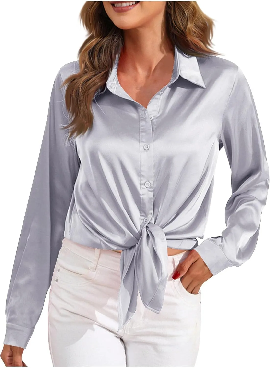 Casaul Button Down Shirts for Women, Womens Satin Silk Lapel Collar T-Shirts Comfy Soft Solid Color Blouses