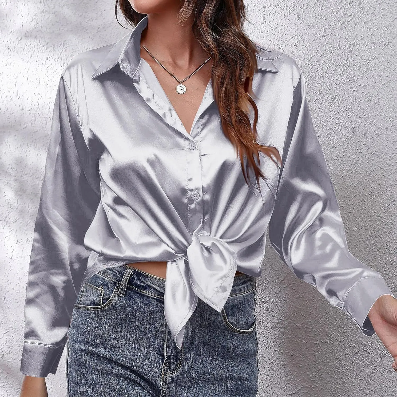 Casaul Button Down Shirts for Women, Womens Satin Silk Lapel Collar T-Shirts Comfy Soft Solid Color Blouses