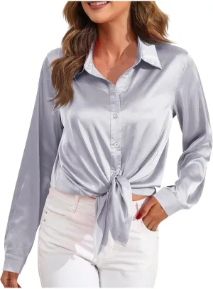 Casaul Button Down Shirts for Women, Womens Satin Silk Lapel Collar T-Shirts Comfy Soft Solid Color Blouses